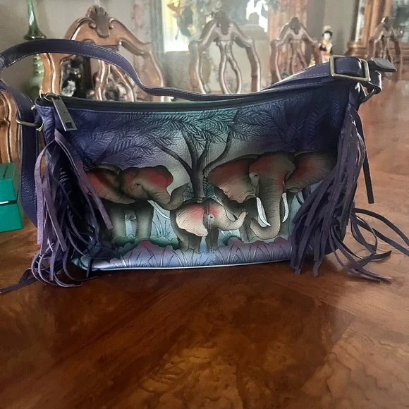 Anuschka Purple Elephant Design Shoulder Bag - Picture 3 of 9